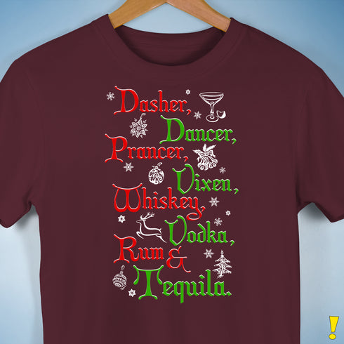 Festive Santa's Reindeer and Drinks Unisex T-Shirt - Maroon